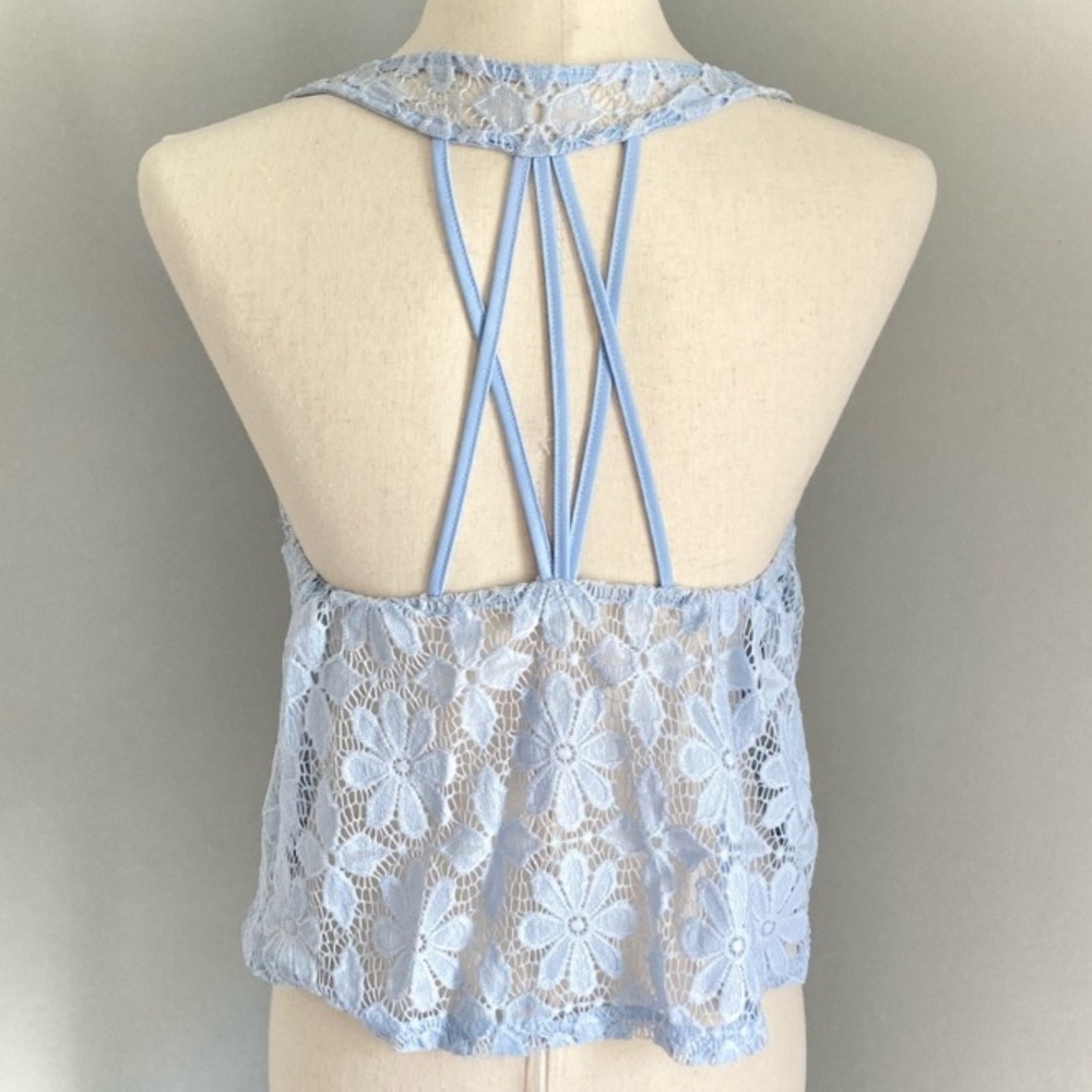 Mine Light Blue Floral Lace Strappy Back Tank Top
